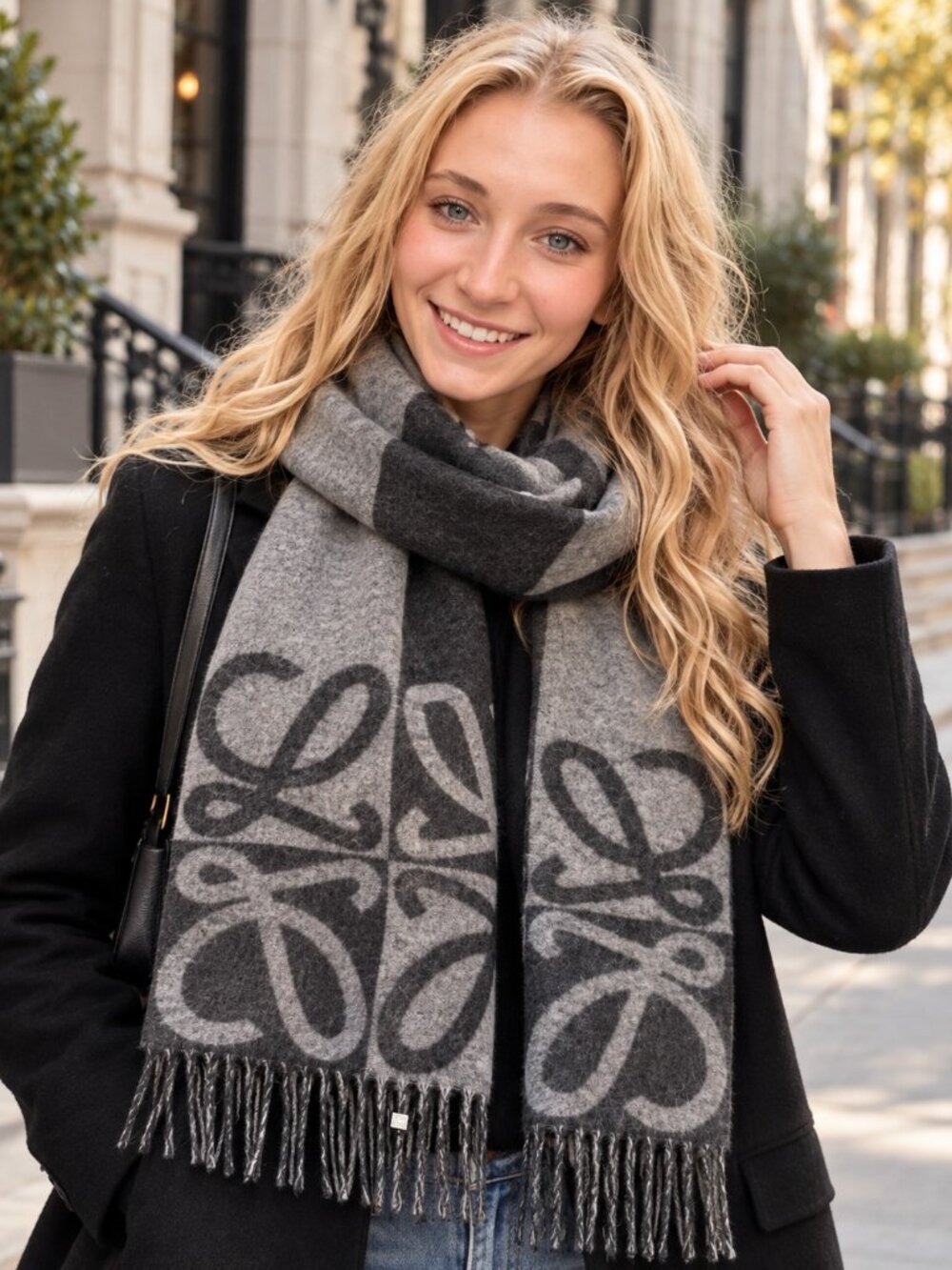 LOEWE Anagram Scarf Gray Charcoal Fringe Brand New